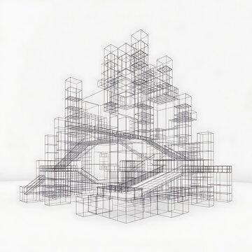 Complex Wireframe Cityscape - Abstract Architectural Structure Blueprint