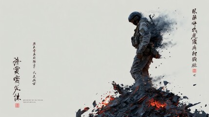 Obraz premium Monochrome Ink Art of Armed Soldier with Dissolving Smoke Effect and Calligraphy