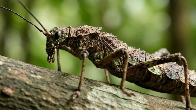 Macro of camouflaged insect on tree branch.