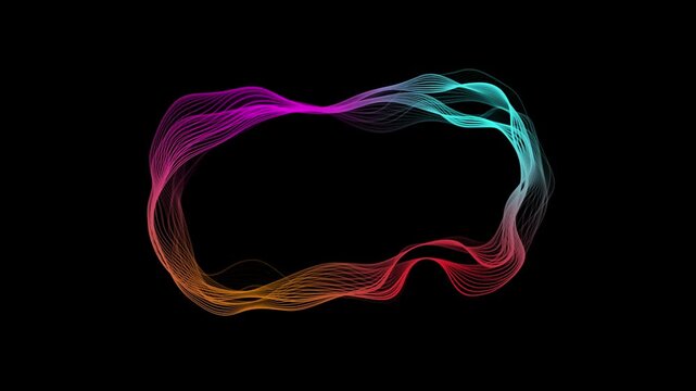 Abstract flowing lines forming oval shape with vibrant color gradients animated on dark black background motion graphic design element for modern digital media.