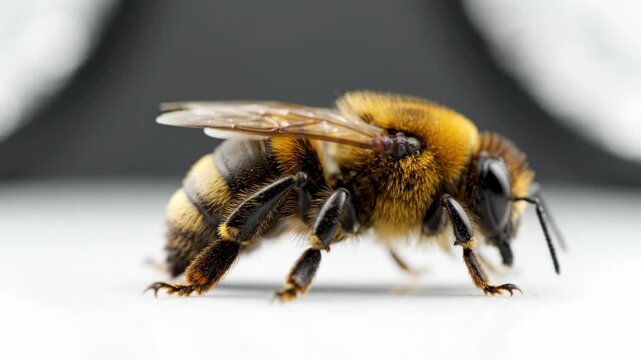 Macro profile of fuzzy bumblebee on white reflective surface
