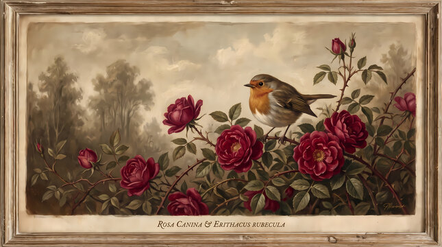 Vintage botanical illustration of a European robin perched on a wild red rose bush.