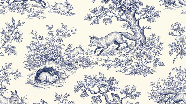 Vintage toile de Jouy seamless pattern with woodland animals including foxes and rabbits in a classic blue and white style.