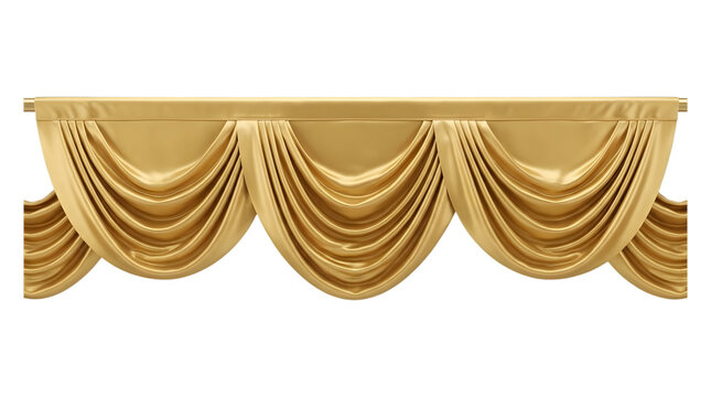 Golden fabric swag curtains on transparent background