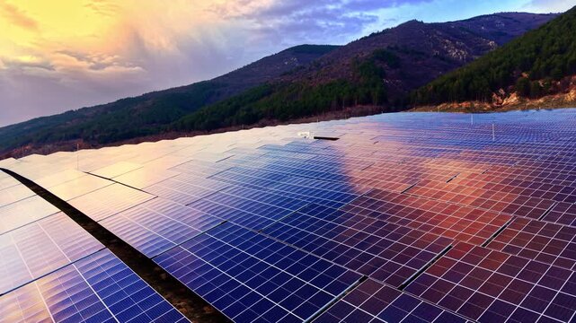 Solar panels reflecting sunset colors. Aerial view captures glowing pink and orange skies mirrored across a hillside panel array.