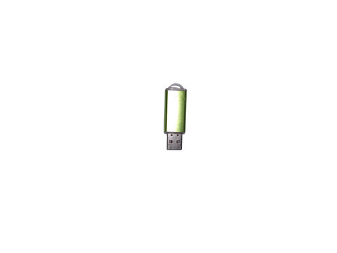 Small green usb flash drive for data storage and file transfer isolated on transparent background