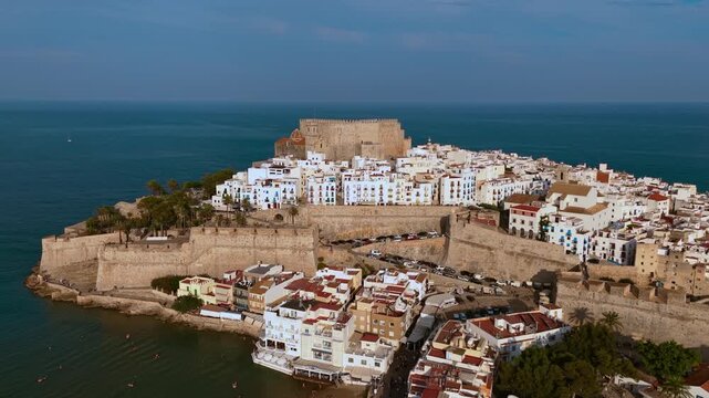 Peniscola castle and old town, aerial drone view, Valencian region, Spain. High quality 4k footage