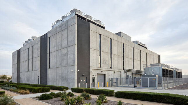 Large industrial data center building with concrete walls, metal cooling towers, and landscaped grounds under a cloudy sky