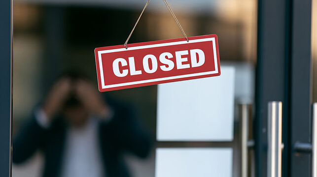 Red closed sign hang on glass door, out of focus silhouette of frustrated person hands on head inside store, business shut down concept
