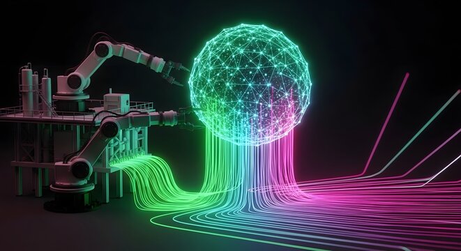 Futuristic robotic arm 3D printing glowing neon holographic sphere in dark lab with laser grid
