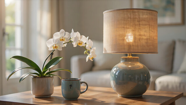 White orchid plant and ceramic table lamp in cozy living room with home decor potted plant houseplant lighting interior lifestyle decoration relaxing coziness peaceful homeware aesthetic