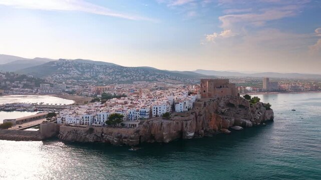 Peniscola castle and old town, aerial drone view, Valencian region, Spain. High quality 4k footage