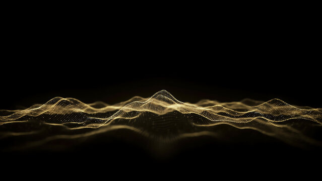 Abstract golden wave flowing particles on dark background with abstract particles background