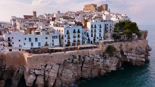 Peniscola castle and old town, aerial drone view, Valencian region, Spain. High quality 4k footage