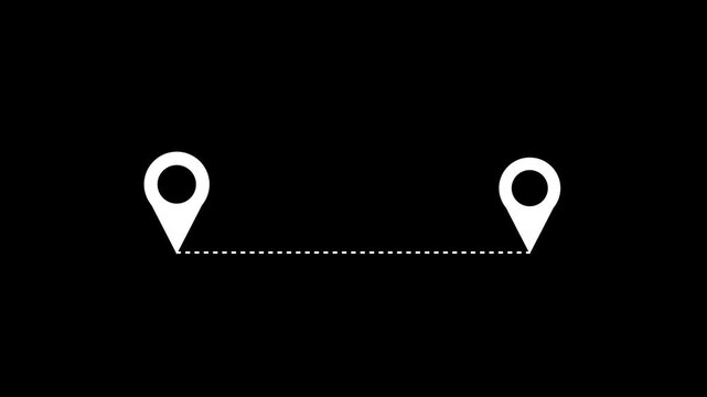 White Map Location Pin Icons with Dashed Route Line Animation on Black Background