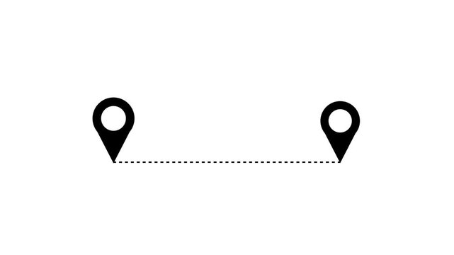 White Map Location Pin Icons with Dashed Route Line Animation on Black Background