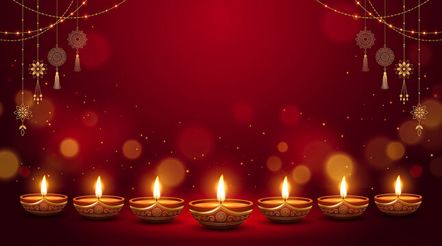 Diwali festival background with a row of glowing diya lamps and hanging decorative ornaments
