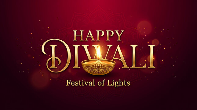 Happy diwali festival of lights greeting card with golden text and glowing diya lamp