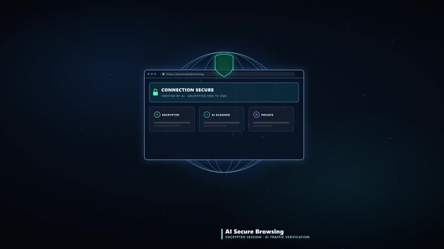 4K Animation of Secure Browser Verifying HTTPS Traffic and Blocking Malicious Requests with AI Technology