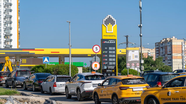 Moscow, Russia, July 04, 2025: Queue at the ROSNEFT gas station in Moscow