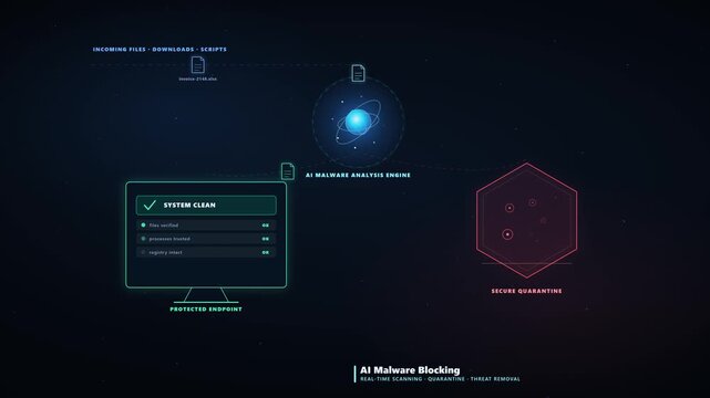 4K Animation of AI Scanning Downloads for Malware Protection and Secure Endpoint Routing