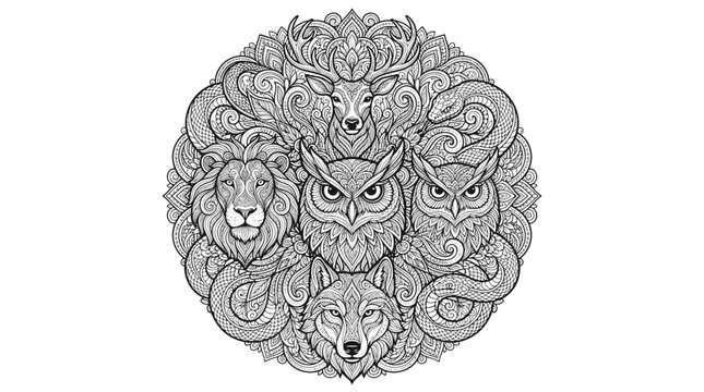 Intricate black and white mandala line art of forest animals owl lion wolf deer snake vector illustration for adult coloring page