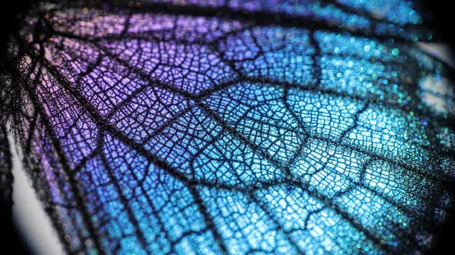 Macro view of iridescent blue butterfly wing vein pattern