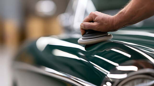 Skilled hand meticulously polish the dark green exterior of a classic automobile, highlighting restoration and careful detailing work with a professional tool