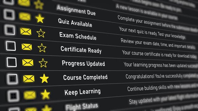 Email inbox notifications scrolling with quiz available and certificate alerts