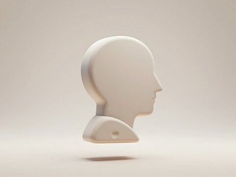 Minimalist 3D profile icon constructed from a carefully arranged set of seven smooth floating geometric modules forming an abstract human head and shoulders, each module slightly separated, matte cera