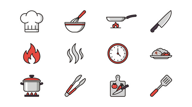 Cooking tools and kitchen equipment flat icon collection.