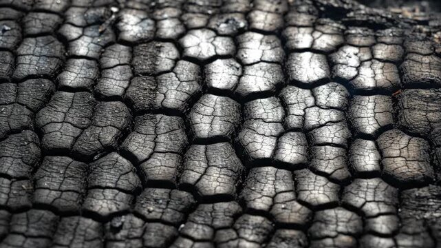 Charred black wood surface with deep cracks.