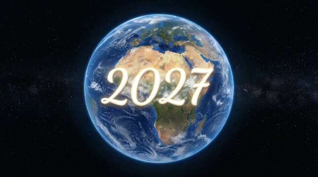 2027 Year Concept: Earth Globe in Space with Golden Text. Future Planet Visual with Bright Typography on Black Background. Calendar and New Year Design for 2027 Events