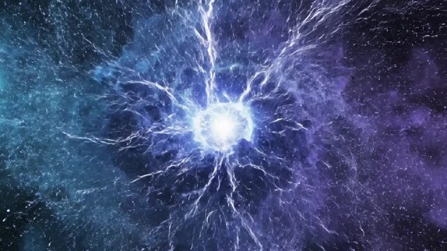 Abstract cosmic explosion with glowing blue nebula and energy shockwaves