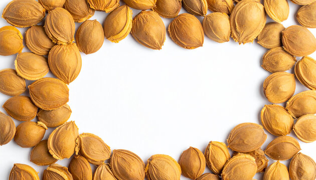 Natural apricot pits and kernels arranged as a frame on white background, copy space. Frame composition made of dried apricot kernels and seeds surrounding a blank white central copy space. 