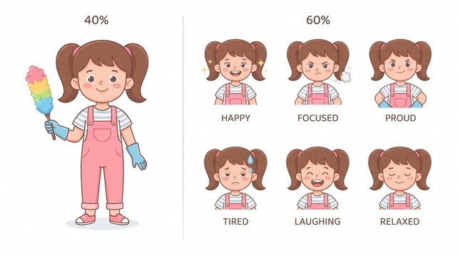 Happy, focused, and proud A cartoon girl showcases a range of emotions and activities, from cleaning with a duster to expressing joy and relaxation