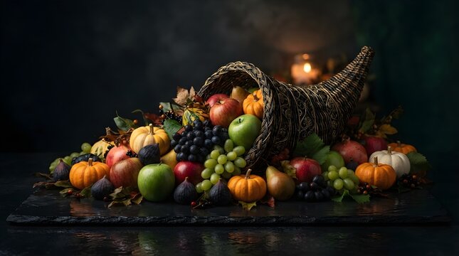 Autumnal cornucopia overflowing with seasonal fruits and pumpkins for Thanksgiving decoration or harvest theme