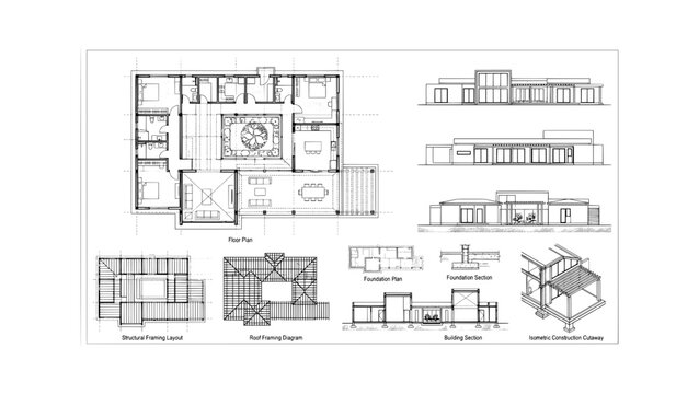 Modern residential house architectural design set with floor plan, roof framing, sections, and 3d perspective view