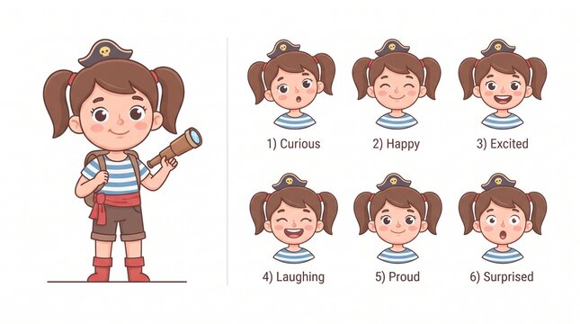 Cartoon girl pirate character expression sheet showing diverse facial emotions for creative animation design