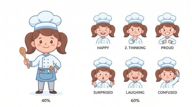 Vector character expression sheet of a cute young girl chef with multiple moods for culinary and educational design