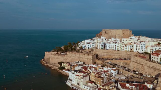 Drone view of Peniscola castle built on sea cliffs, Valencia region, Spain. High quality 4k footage
