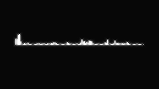 Dynamic white audio frequency line visualizer, digital sound wave spectrum animation, podcast voice record signal meter, isolated music equalizer bar, high quality 4k video black screen background