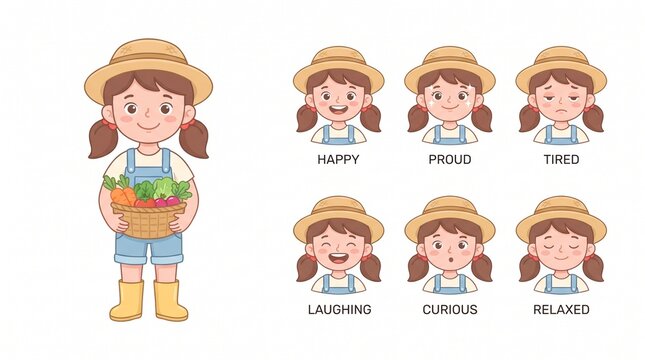 Cute young girl farmer character expression sheet with diverse facial emotions and a basket of harvest vegetables in cartoon style
