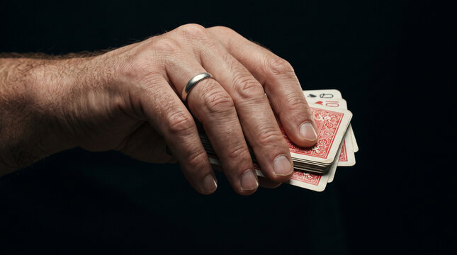 Male hand hiding a deck of poker playing cards against a dark black background