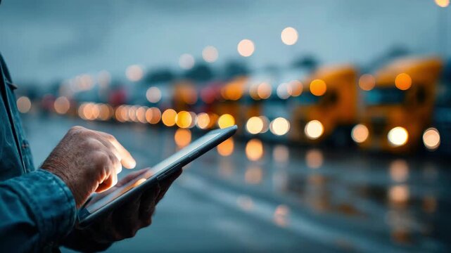 A driver's hands holding a tablet against a backdrop of trucks in a parking lot. Conceptualizing success in logistics, fleet management, and the use of modern digital technologies in transportation