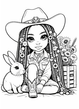 Young cowgirl sits beside a rabbit with flowers and a large western hat in line art. Ideal for coloring books, crafts, printables and kids activities