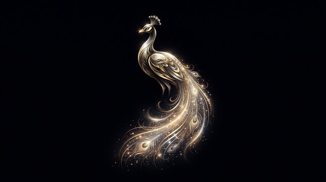Glowing metallic peacock feather display in dramatic black background with shimmering gold and bronze tones