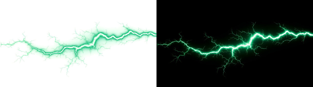 Lightning bolt of glowing green energy crackles across dark PNG image isolated on transparent background