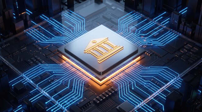 Abstract digital representation of a central processing unit with glowing blue data streams and golden circuitry