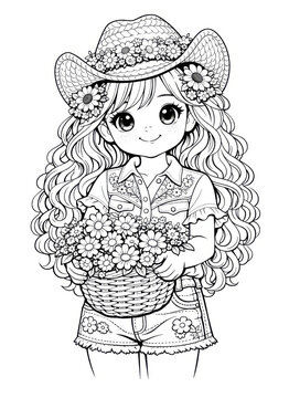Cute young girl in a cowgirl hat holds a flower basket in detailed line art. Ideal for coloring books, crafts, printables and children's activities.